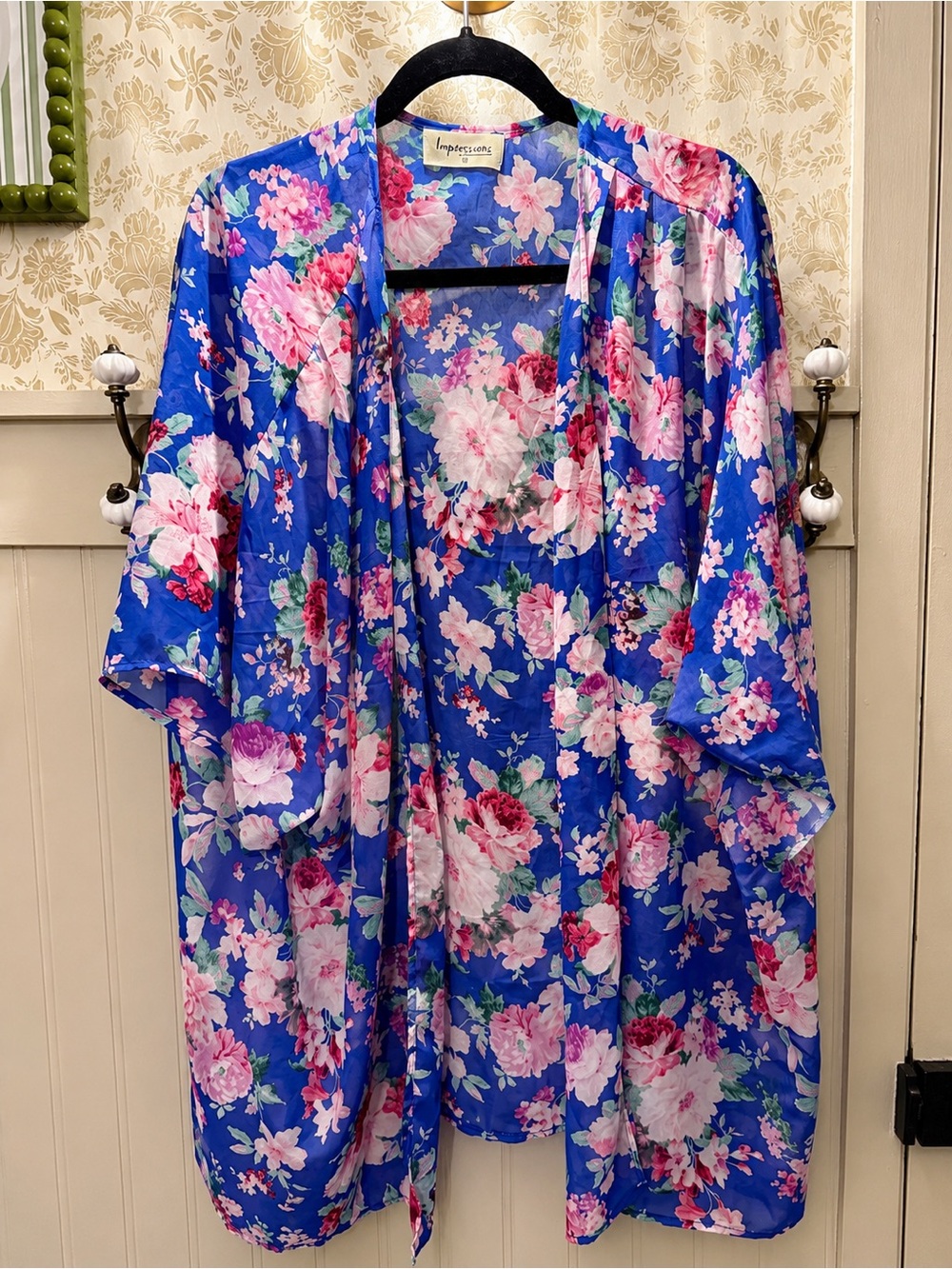 Impressions Blue Floral Kimono Cardigan Medium